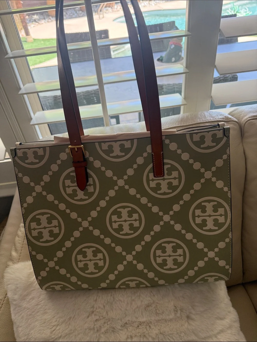 Tory Burch White Canvas Tote with Sage Green Logo Print and Brown Leather Straps